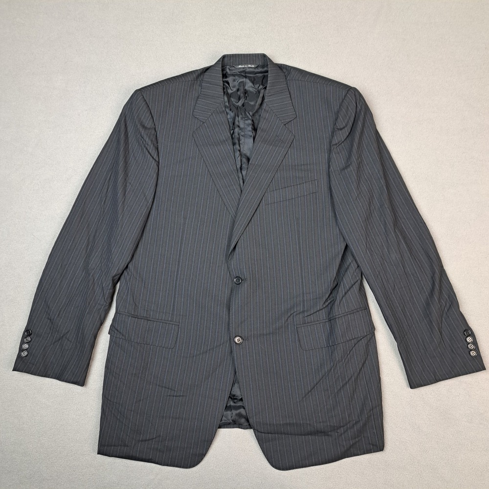 Canali Pure Wool Blazer Mens Size 44 Long Black Navy Stripes Single Breast Italy